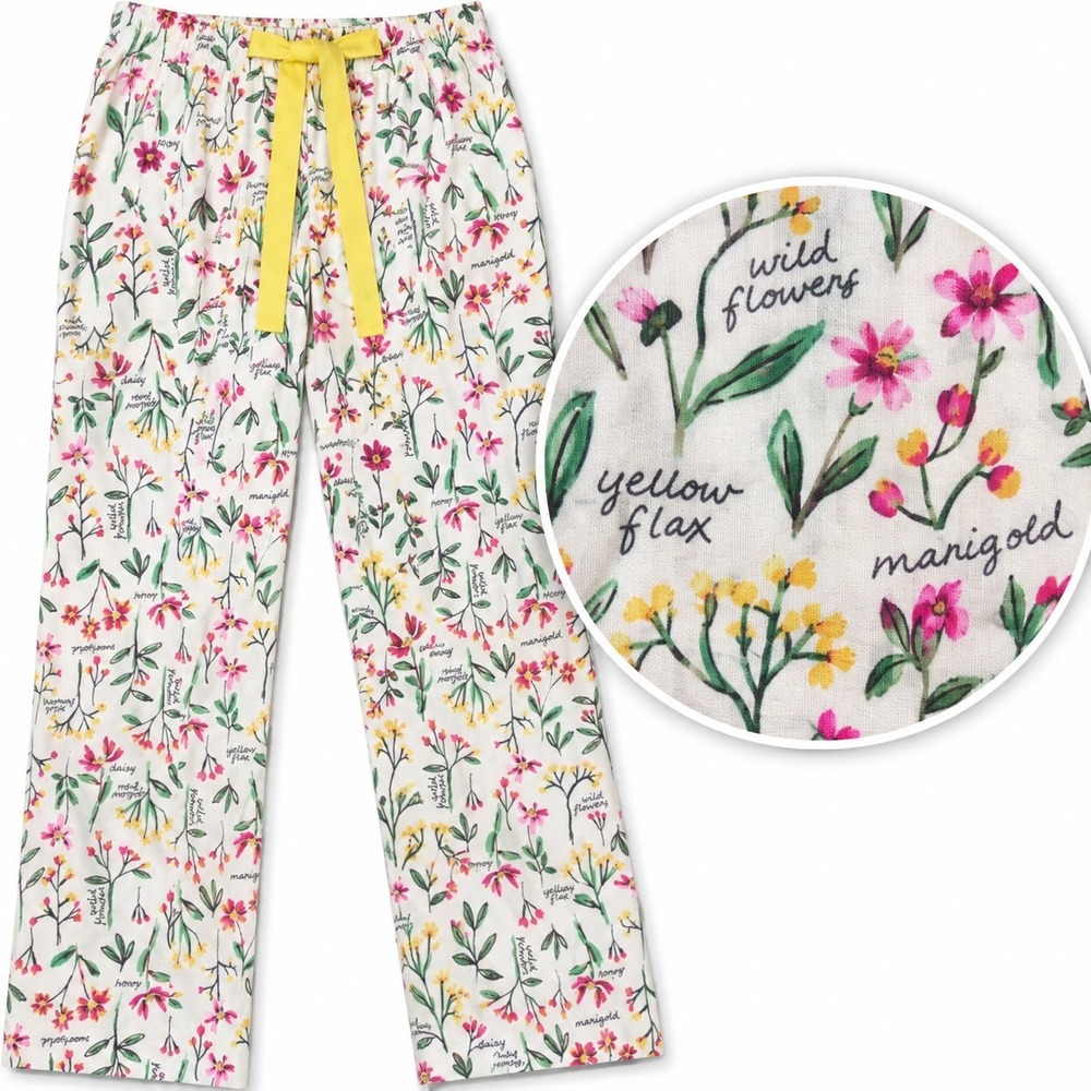 Lands End Womens L 14-16 Pajama Pants Wildflower Floral Botanical Cotton Stretch